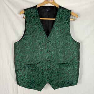 Hisdern Suit Vest Men’s Medium Green Paisley Floral Holiday Adjustable Back